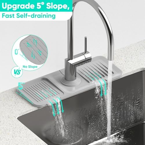 14.6'' Faucet Mat for Kitchen Sink [5°Slope Fast Self-draining] Kitchen Sink Splash Guard Silicone Kitchen Sink Faucet Mat Splash Guard for Kitchen Sink Area Faucet Guard Draining Mat Light Gray - Image 2