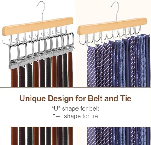 TOPIA HANGER 2 Pack 2 in 1 Belt Tie Hanger for Closet Max 60 Belts with 60 Ties Capacity, 20 Hooks Belt Tie Racks Wooden Hanger for Closet Organizer Space Saving “U” Fit Belt and “一” Fit Tie - CT59N - Image 2
