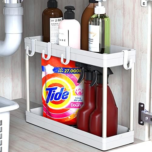 Simple Houseware 2-Tier Under Sink Organizer Storage Tray with Hooks, White by SimpleHouseware