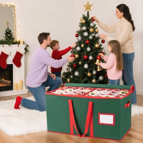 OIAHOMY Ornament Storage Box Holds 128 Christmas Ornaments, Christmas Ornament Storage Include Trays and Zippers, Ornament Organizer with Handle, Made of 600D Oxford Fabric - Green - Image 2