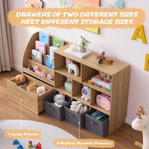 Fatmok Kids Bookshelf and Toy Storage, Toy Storage Organizers with Movable Drawers & 3 Storage Bins, Kids Reading Nook Toy Organizers Shelf with 5 Cubbies, Natral Wood - Image 6