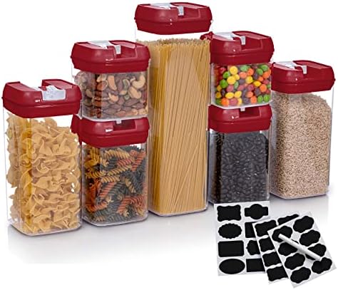 Set of 7 Airtight Food Storage Containers - Pantry Organizer Bins, BPA Free Plastic Containers plus Dry Erase Marker and Labels, Red by Alphx+Innovations