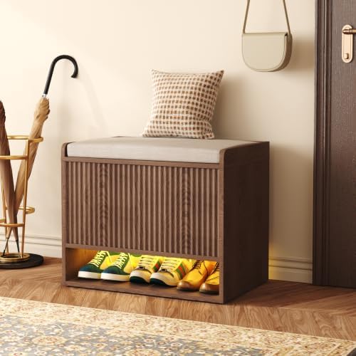 HOMEFORT 23.6" Fluted Shoe Storage Bench, Small Entryway Bench with Linen Seat Cushion, Shoe Cabinet Bench with Adjustable Shelf and Built-in LED Sensor Light, Bench for Bedroom End of Bed,Walnut by HOMEFORT