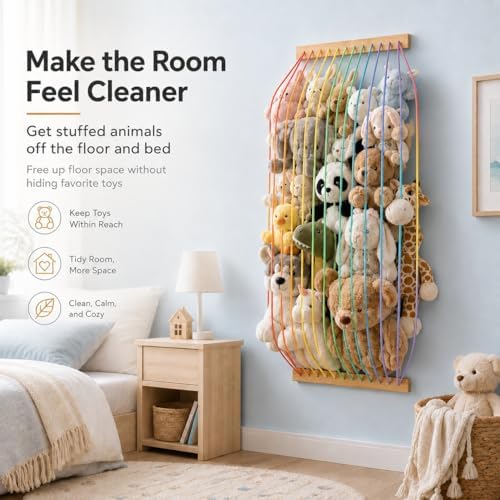 Stuffed Animal Storage Wood Soft Toy Organizer for Kids Room，Cute and Durable Wall or Door Mount Length Adjustable Hanging Stuffed Animal Toy Organizer Shelf for Nursery Play Room Rainbow -Patent - Image 6