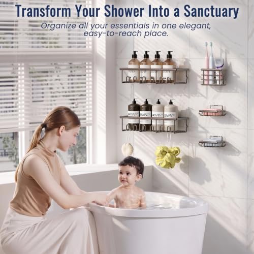 5 Pack Adhesive Bathroom Holders & Dispensers for Kids & Adults, Brown - Image 3