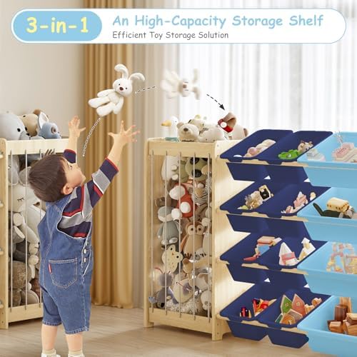 EXPERLAM Large Toy Storage Organizer, Wooden Stuffed Animal Storage & 12-Bins Toy Organizer, Double-Sided Plush Toy Holder Featuring Thicker Ropes, Space Save Bedroom Nursery Playroom Storage, Blue - Image 7
