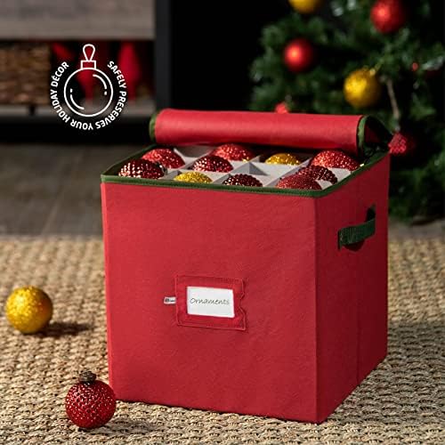 ZOBER Christmas Ornament Storage Box - Stores 64 3" Ornaments, With Dividers - Ornament Organizer Storage Box, Durable Christmas Containers Holder, Dual Zipper - Red - Image 2