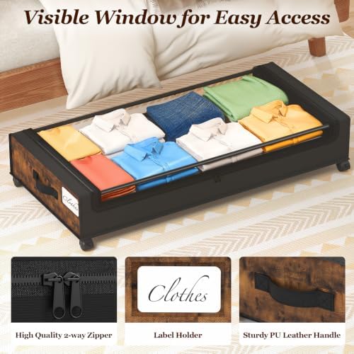 Yecaye Under Bed Storage with Wheels, 2 Pack Brown Large Lapacity Rolling UnderBed Drawers for Clothes, Blankets - Image 5