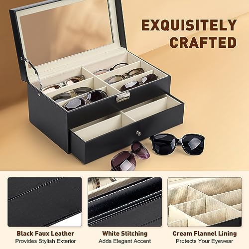 CO-Z Sunglasses Organizer with 12 Slots, Multiple Eyeglasses Eyewear Display Case for Women Men, 2 Story Leather Multi Sunglasses Jewelry Collection Holder with Drawer - Image 6