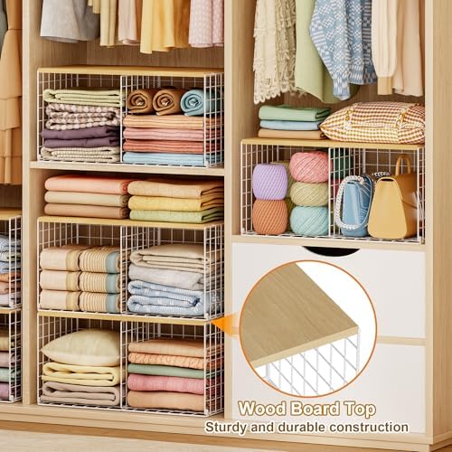 2 Pack Stackable Closet Organizers and Storage, 4 Cube Closet Shelves with Wood Top Board for Extra Clothes Storage, Small Metal Closet Shelf Organizer Bins Baskets for Sweater Sweatshirt Jeans, White - Image 3