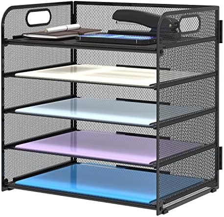 Supeasy 5 Trays Paper Organizer Letter Tray with Handle-Mesh Desk File Holders, Paper Sorter Desk Organizer for Office, Home, Classroom or School by SUPEASY