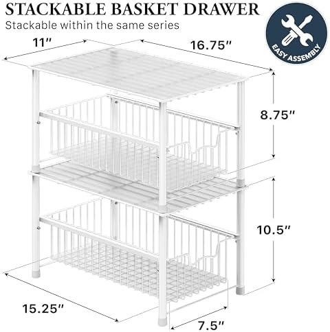 Simple Houseware Wired Stackable Under Sink Cabinet Sliding Basket, White - Image 2