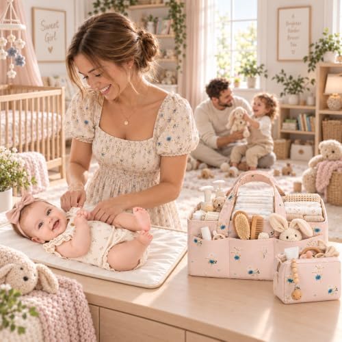 PeraBella Baby Diaper Caddy Organizer 3 Pcs Set, Floral Baby Basket Shower Gift, Nursery Organizer Basket for Newborn Boy Girl Essential Items, Changing Table Organizer Caddy for Baby Stuff, Car Caddy - Image 4