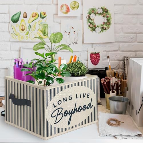 Boys Room Foldable Storage Bins Box with Handles, Long Live Boyhood Retro Blue Striped Collapsible Toys Books Clothes Organizer Basket for Kids Boys Nursery Room Playroom Bedroom Bathroom - Image 2