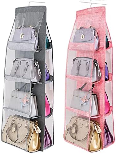 AARAINBOW 2 Packs Hanging Handbag Purse Organizer for Closet, Womens Purse Storage Organizers, Hand Bag Organizer Holder 8 Pockets Space Saving, 46 L x 13.8W (C-Gray Pink) by AARAINBOW