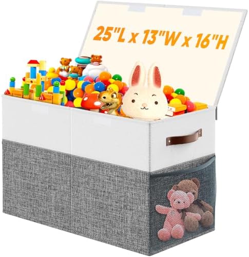 Large Toy Storage Box with Lid & Dividers, Kids Toy Chest, Gray and White by Rocamdo