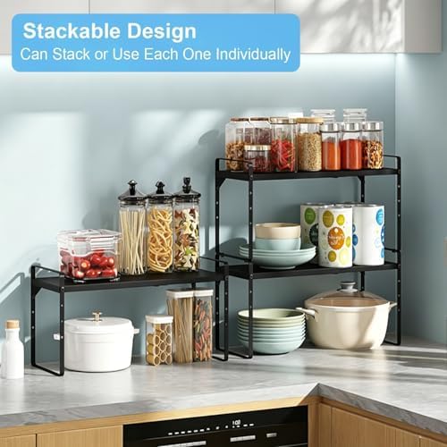 Set of 2 Expandable Cabinet Shelf Organizer, Stackable Kitchen Countertop Shelves Spice Racks, Small Metal Storage Shelf For Cupboard Counter Tabletop, 30 LBS Heavy Duty, Adjustable, 13.8" to 21.6" - Image 5