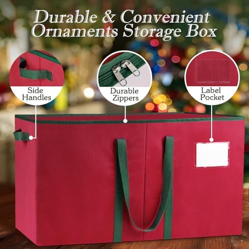 RoomHacks Christmas Ornament Storage Box, Store Up to 128 Ornaments, Christmas Storage Container, Dual Zipper & Adjustable, Large Organizer Bin to Protect and Store Holiday Ornaments (Red-2 Pack) - Image 3