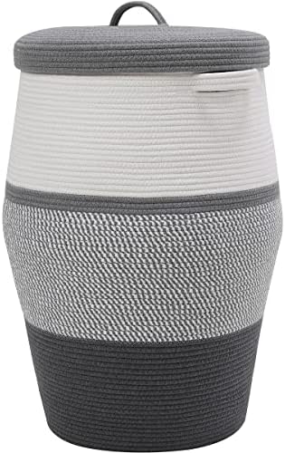 26"x20" Cottonphant Extra Large Tall Woven Laundry Basket with Lid, Cotton Rope Blanket Storage Basket, Freestanding Decorative Bin for Bedroom Living Room, Grey & Dark Grey by Cottonphant