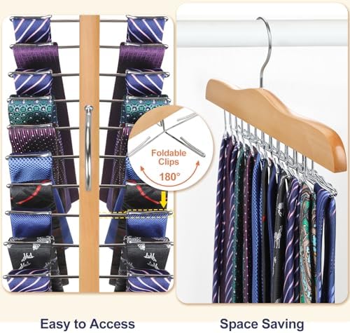 TOPIA HANGER Tie Rack Hanger for Closet 2 Packs, Wooden Tie Organizer for Men with 24 Folding Hooks, Space Saving Necktie Holder for Storage and Display Bra, Tank Top, Camisole (Natural) - CT14N-2 - Image 3