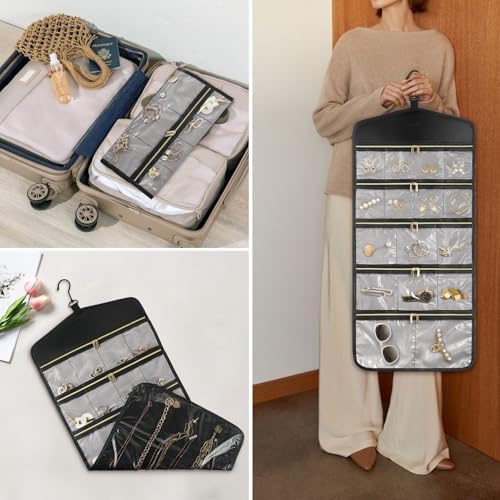 CHICECO Travel Jewelry Holder Organizer,Hanging Jewelry Organizer Storage with Zippered Pockets for Cloest,Jewelry Holder for Earrings, Necklaces (Grey Black) - Image 6