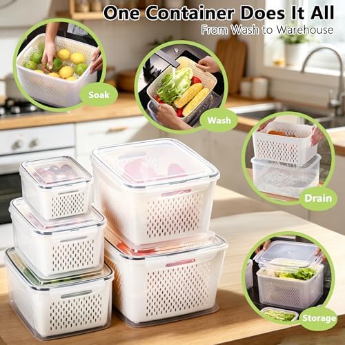 5 Pack Fruit Storage Containers for Fridge,Produce Container for Fridge with Removable Colanders,Leakproof Refrigerator Organizers and Storage for Produce Berry Vegetable Salad Meat Food Keep Fresh - Image 6