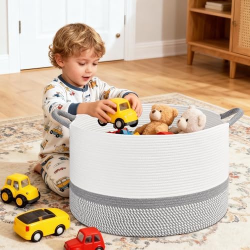 67L Large Blanket Basket, 20"x13" Blanket Basket Living Room, Woven Baskets With Handle, Toy Baskets for Blankets, Nursery, Dog, Pillow, Gift (White & Light Grey) - Image 3