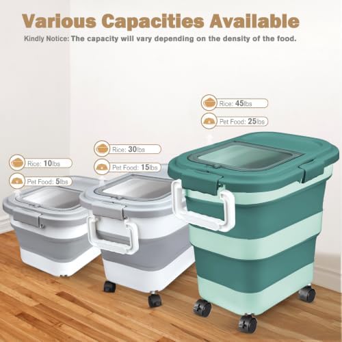 Komzon Rice Storage Container10-40 Lb, 25 Lb Pet Dog Food Storage Container, Collapsible Airtight Rice Storage Container, Rice Dispenser Bin with Cup and Scoop for Flour Cereal Pasta Grain, Cat Bird - Image 2