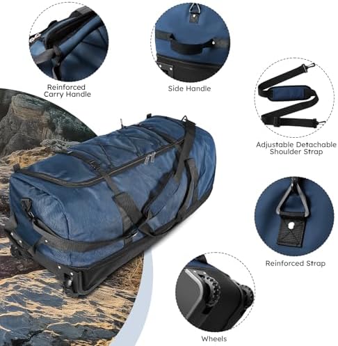 110L Expandable to 140L 32” Foldable Oxford Soft-Sided Rolling Duffle Bag with 2 Heavy-Duty Wheels,2 Large Compartments,Adjustable Shoulder Strap and Attached Organizer Pouch,Navy Blue - Image 6