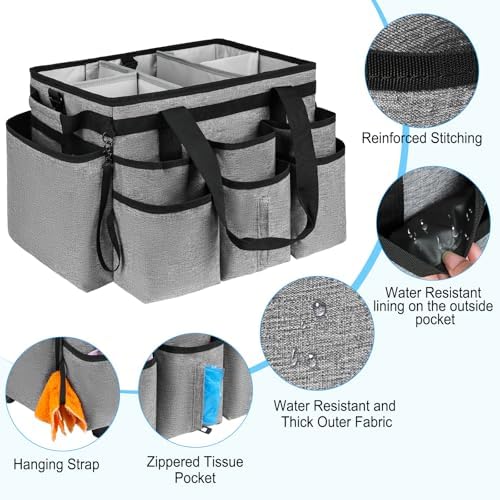 Large Rolling Cleaning Caddy Bag with Detachable Trolley,Cleaning Cart on Wheels with Shoulder Strap,Cleaning Supplies Organizer for Housekeepers,Gray - Image 4