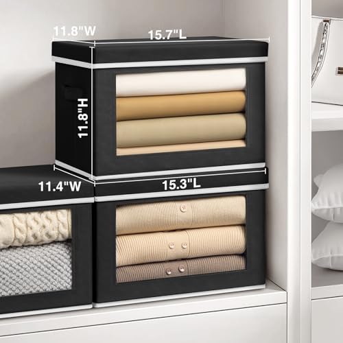 Homsorout Storage Bins with Lids, 3 Pack Large Storage Cubes with Window, Closet Bins with Lids & Handles, Fabric Box for Organizing Clothes, Towels, Books, Black - Image 2