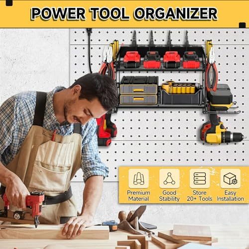 Power Tool Organizer Wall Mount, 2 Layers Heavy Duty 4 Cordless Drill Holder Tool Storage Rack with 8 Power Strip Battery Charging Station,Pliers Screwdrivers Organizer for Garage, Workshop,Tool Room - Image 4