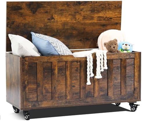 HYZ Storage Chest, 39.4'' Wooden Storage Bench with 4 Wheels & 2 Safety Hinges, Retro Toy Box Support 300 lbs for Bedroom, Living Room, Easy Assembly, Rustic Brown by HYZ