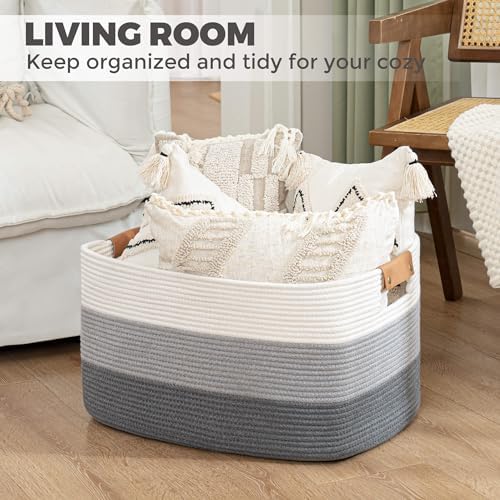 danpinera Blanket Basket, 72L Rectangle Large Basket for Living Room, Baby Room & Laundry, Woven Cotton Rope Toy Bin Baby Nursery Room Storage, 22’’*17’’*11.8’’, Gradient Grey - Image 3