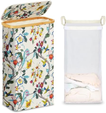 efluky Slim Laundry Hamper with Lid and Removable Bag, 75L Floral by efluky