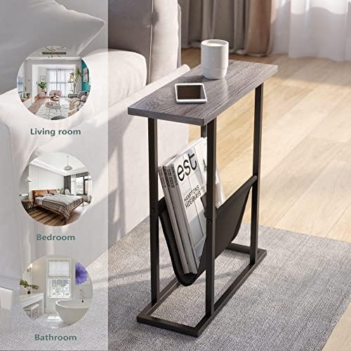Yusong Narrow Side Table for Small Spaces, Small End Table with Magazine Holder, Skinny Slim Little Thin Table for Living Room, Bedroom, Sofa, Grey Oak - Image 5