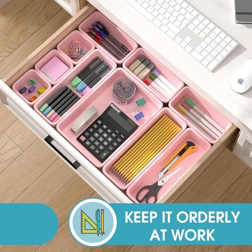 16 PCS Drawer Organizer Set, 4 Size Makeup Drawer Divider Organizer With Non-Slip Pads, Interlocking Plastic Storage Bins for Office,Jewelry Vanity,Gadgets, Bathroom,Kitchen, Pink - Image 4