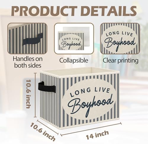 Boys Room Foldable Storage Bins Box with Handles, Long Live Boyhood Retro Blue Striped Collapsible Toys Books Clothes Organizer Basket for Kids Boys Nursery Room Playroom Bedroom Bathroom - Image 7