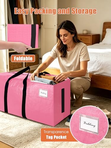 SWEET DOLPHIN 8 Pack 200LB Heavy-Duty Moving Bags with Wrap-Around Handles, Extra Large Storage Totes for Space Saving, Clothes Storage Bags, College Dorm Essentials, Pink, 24 Gal - Image 3