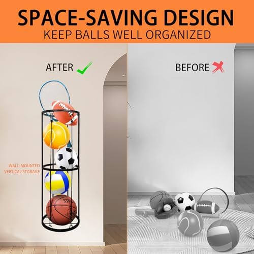 Garage Ball Storage Rack, Wall-Mounted Basketball Holder, Vertical Ball Rack for Soccer Volleyball Football Basketball, Space-Saving Sports Ball Storage Organizer for Garage & Home - Image 4