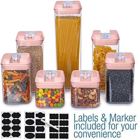 Set of 7 Airtight Food Storage Containers - Pantry Organizer Bins, BPA Free Plastic Containers plus Dry Erase Marker and Labels, Pink - Image 3