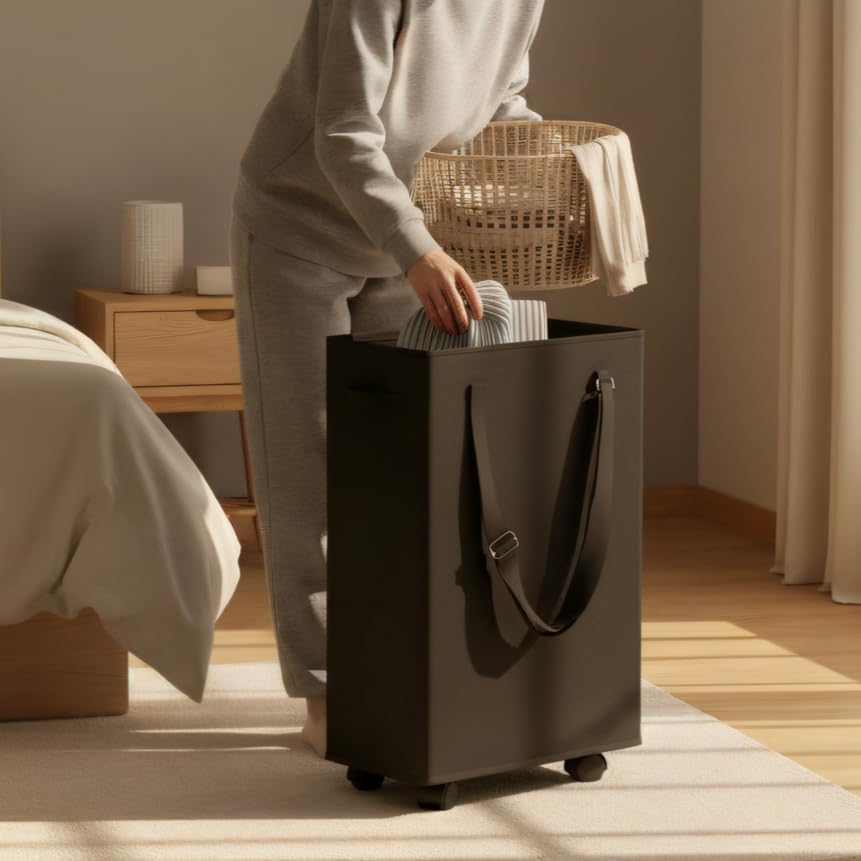 45L Slim Rolling Laundry Basket with Wheel & Adjustable Long Handles, Black - Image 2