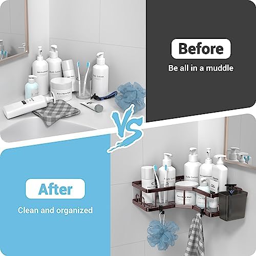 AKTECKE Shower Caddy Corner Organizer: 2Pack Adhesive Shower Shelf Essentials - No Drilling Stainless Steel Bathroom Storage Rack with Hooks and Toothpaste Holder - Image 6
