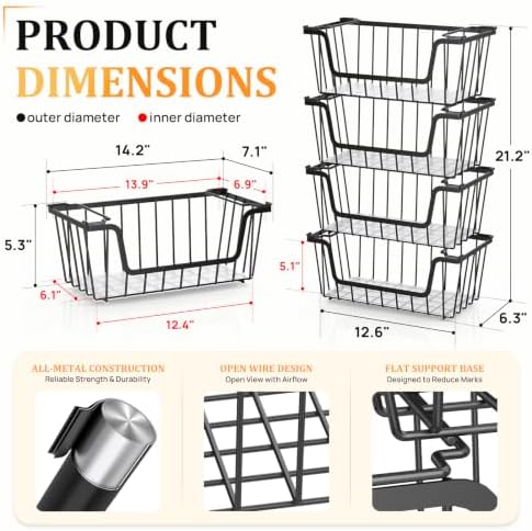 SUNALLY Stackable Storage Bins 6 Pcs Wire Baskets Freezer Organizer, Black - Image 2