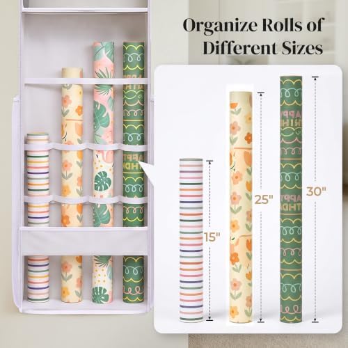 Ordovibe Wrapping Paper Storage Organizer, Over The Door Gift Wrap Holder with Removable Drawer & Side Mesh Pockets – Space Saving Closet Organizer for Christmas, Halloween, Birthday Rolls Supplies White - Image 5