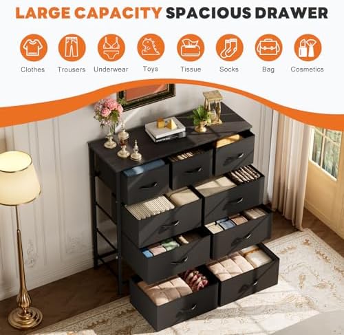 Sweetcrispy 9-Drawer Fabric Dresser Storage Tower with Wood Top, Black - Image 6