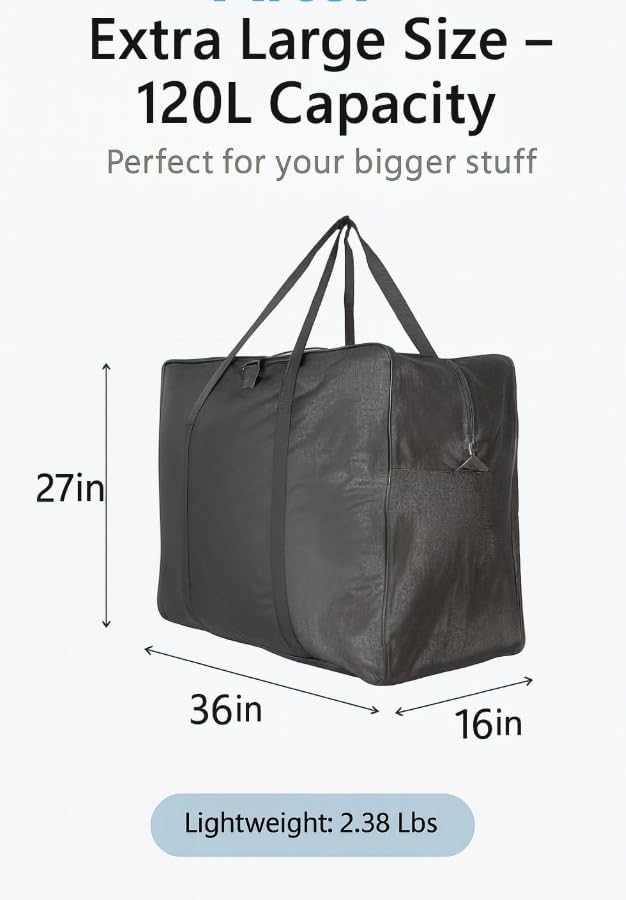 Extra Large Foldable Duffel Bag for Travel – Heavy-Duty Cargo Bag with Zippers & Reinforced Handles, TSA Approved, Water-Resistant, Security strap 36x27x16inch, load up to 120 lb - Image 2