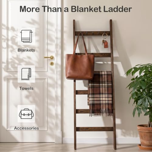TEAKMAMA 6-Tier 5.4ft Blanket Ladder with Hooks Farmhouse Rustic Brown - Image 5