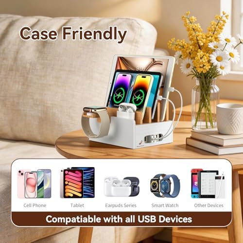Pezin & Hulin Bamboo Charging Station with USB Charger&Cables-Natural+White - Image 2