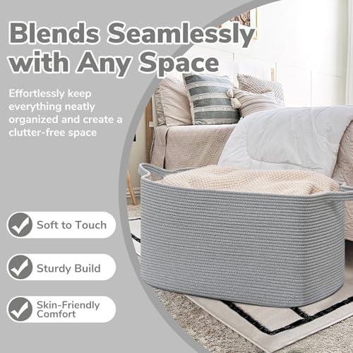 Goodpick Large Woven Rope Blanket Basket, Rectangle, Gray, 75L - Image 5